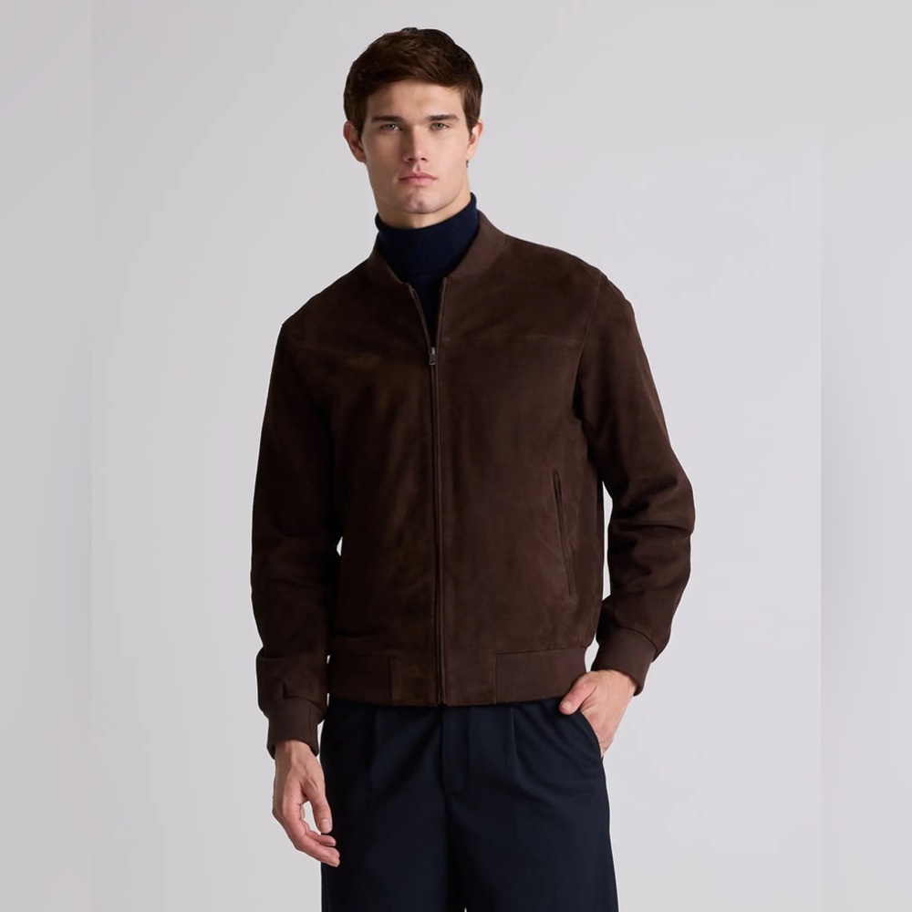 QUINCE Espresso 100% Top Grain Goat Suede Men’s Bomber Jacket NWT Size Large